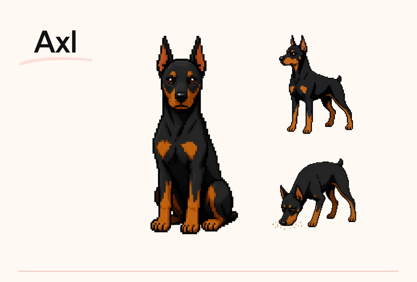 Axl’s character card: sitting, standing and sniffing poses