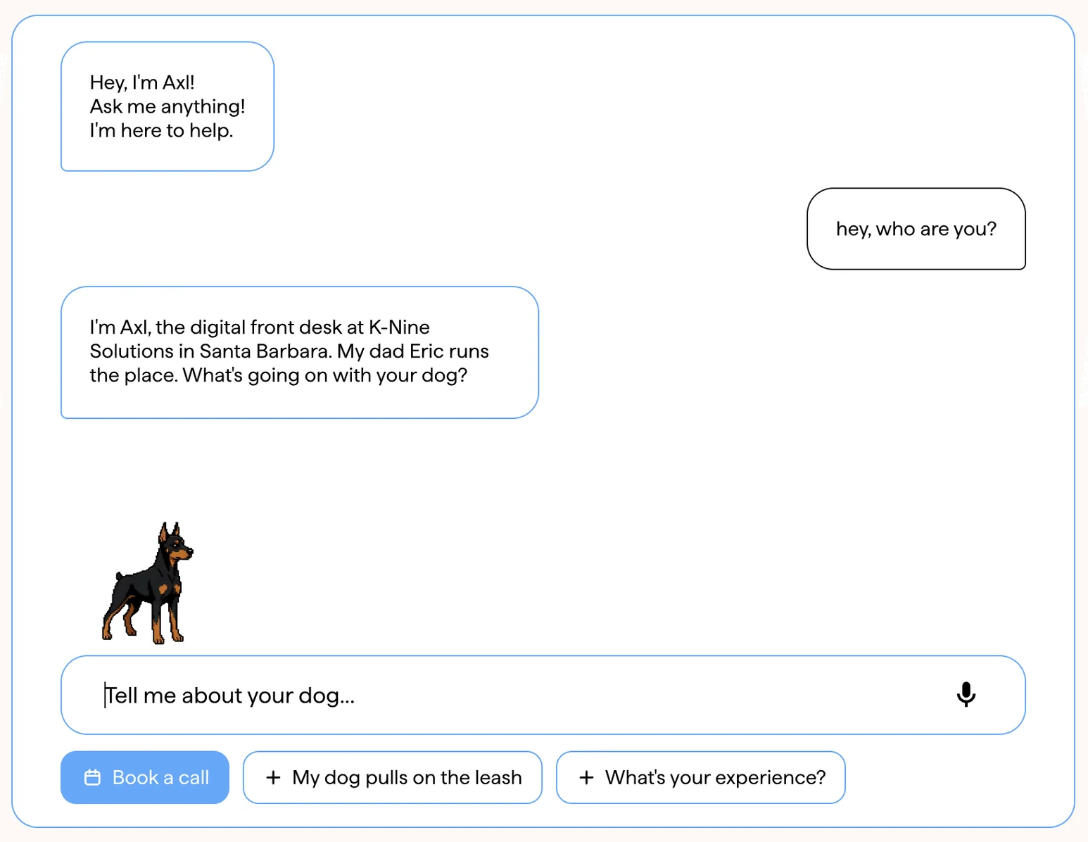 Axl’s chat window: he introduces himself as the digital front desk at K-Nine Solutions