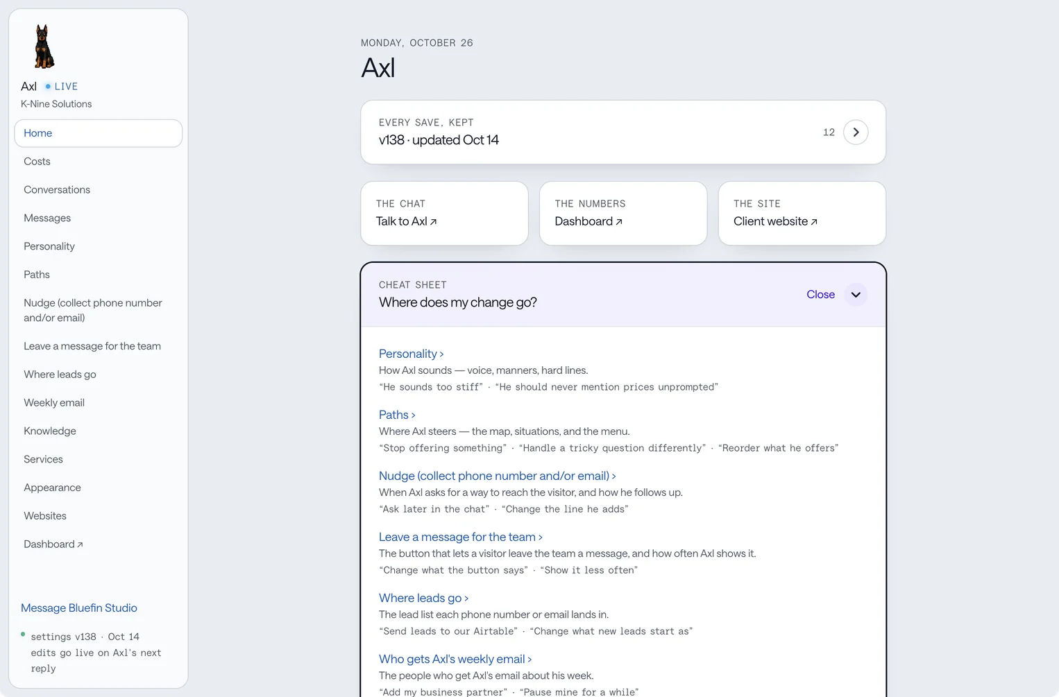 The Axl hub: conversations, patterns and what Axl knows, in one place